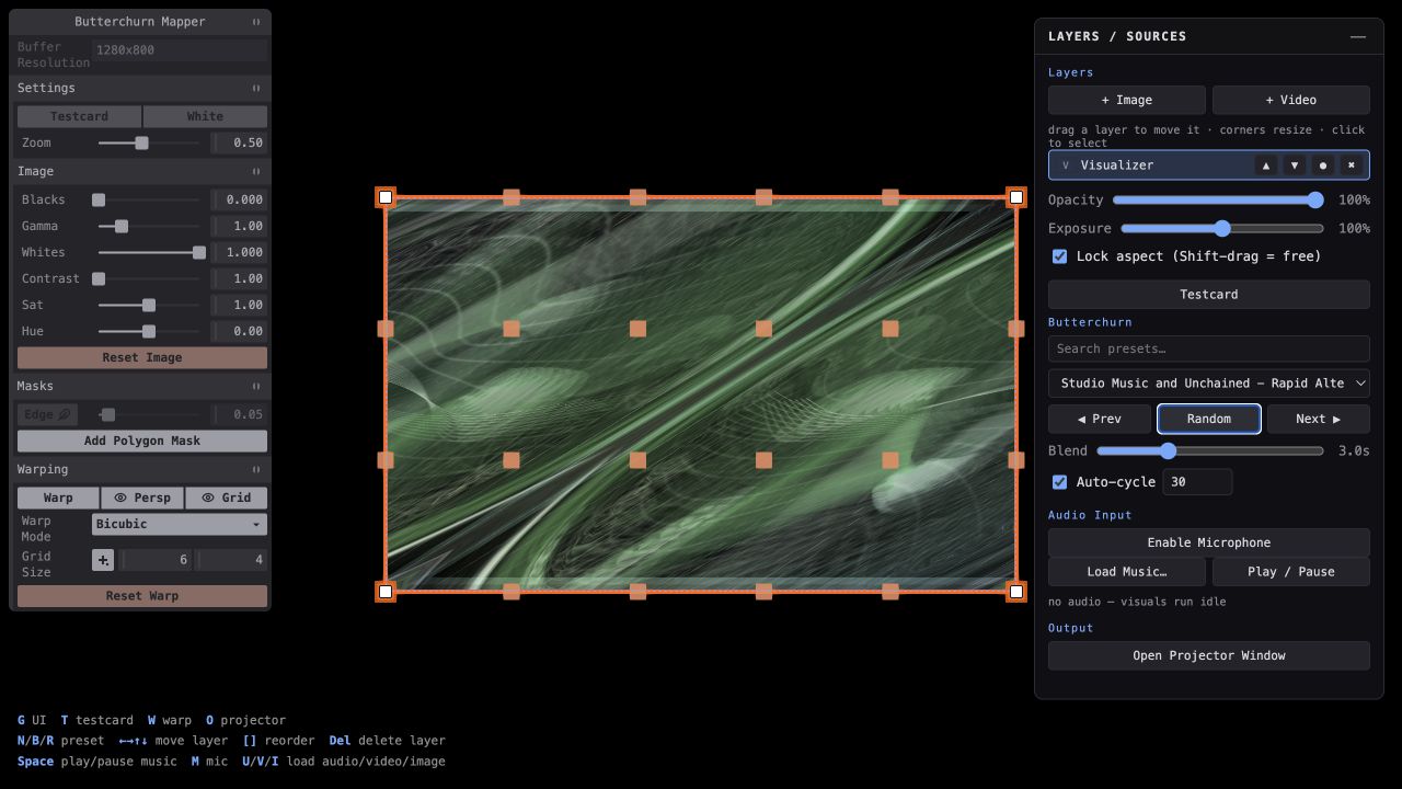 Projection Mapper running a live Butterchurn visualizer with warp and layer controls